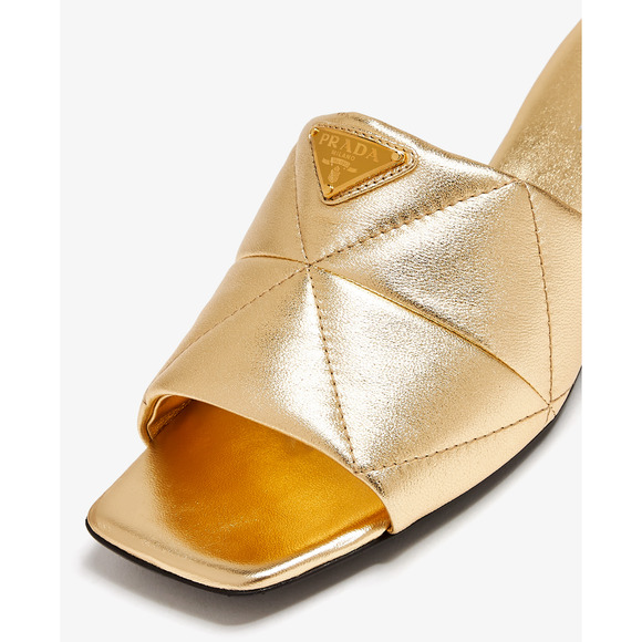 Prada Quilted Leather Diagram Gold Platino Logo Slide Sandal Block Heel 41.5 - Picture 7 of 15